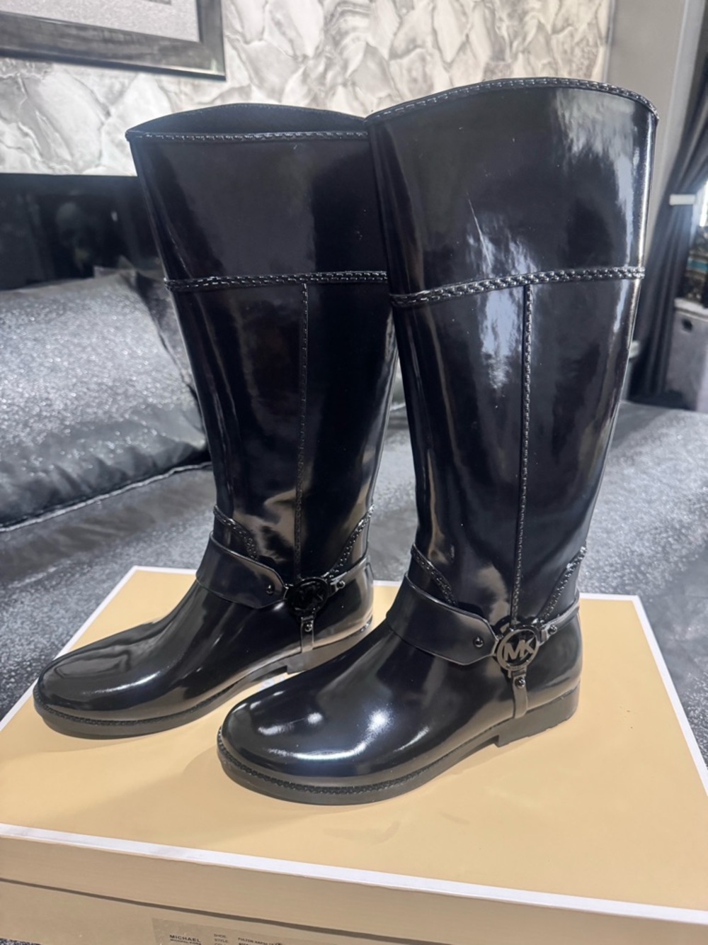 Michael Kors Black Patent Tall Riding Boots with Signature MK Charm